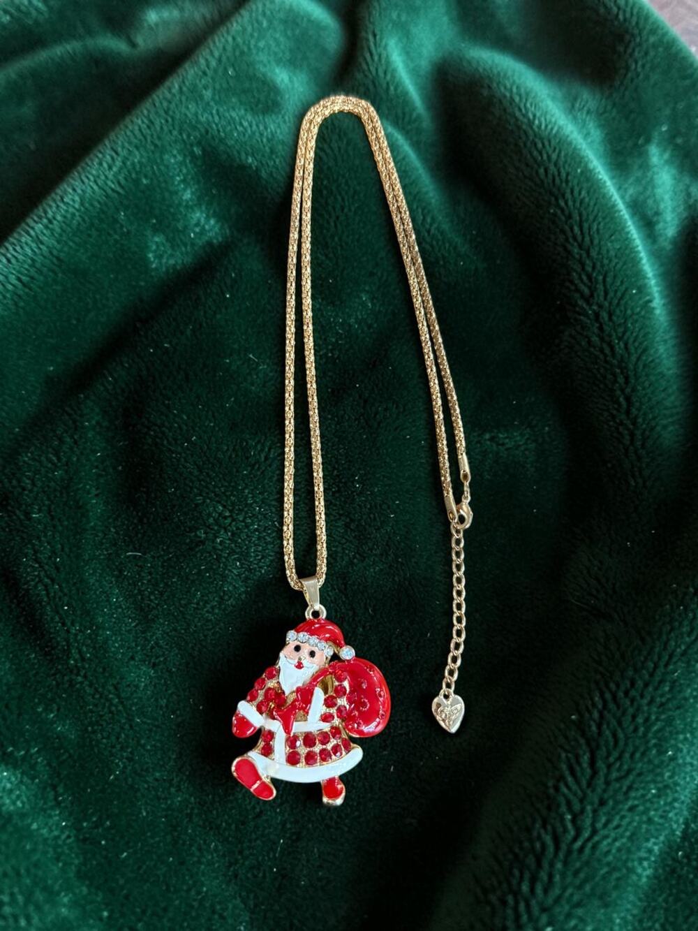 Vintage Betsey Johnson Santa Rhinestone Christmas Pendant Necklace